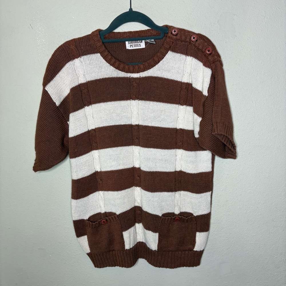 Vintage Suburban Petites Brown Ribbed Knit Short Sleeve Sweater Medium